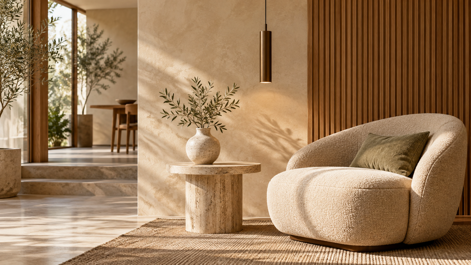 Modern Japandi minimalist living room interior with curved sofa and marble coffee table